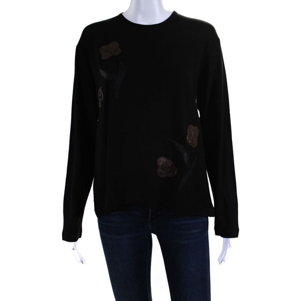 Natto Womens Long Sleeve Leather Flower Knit Shirt Black Dark Brown Size XL